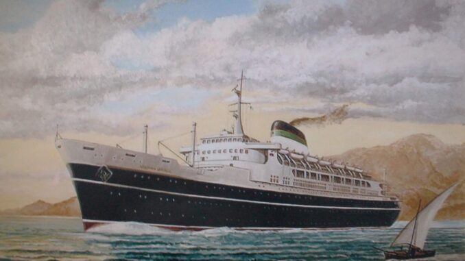 A painting of a ship with a black hull and white superstructure. The funnel is white, green, red, and black,