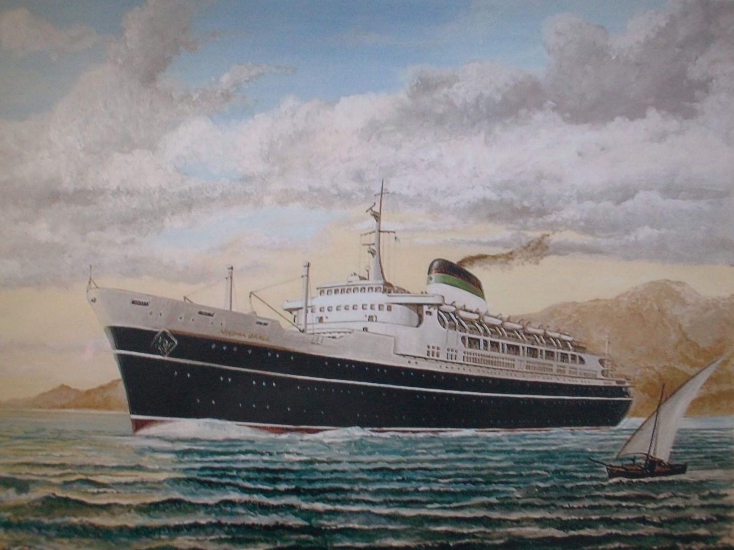 A painting of a ship with a black hull and white superstructure. The funnel is white, green, red, and black,