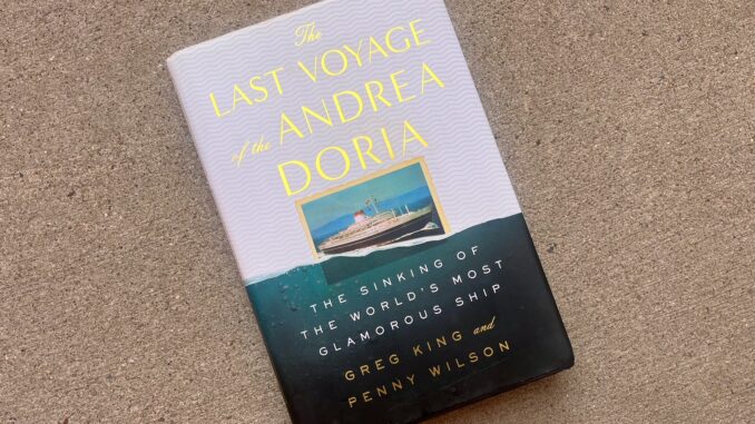 A picture of a book with a white and green cover. In the middle is a picture of a ship with a black hull and white, green, and red funnel.