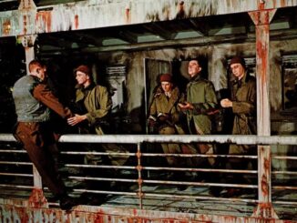 A painting of five men on the deck of a ship. Two are shaking hands while the other three are holding books and singing.