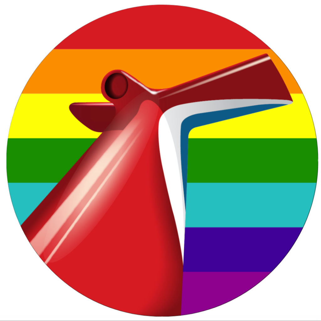 A red, white, and blue ship's funnel against a rainbow background.