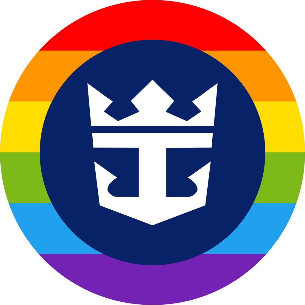 A blue and white crown and anchor surrounded by a rainbow border.