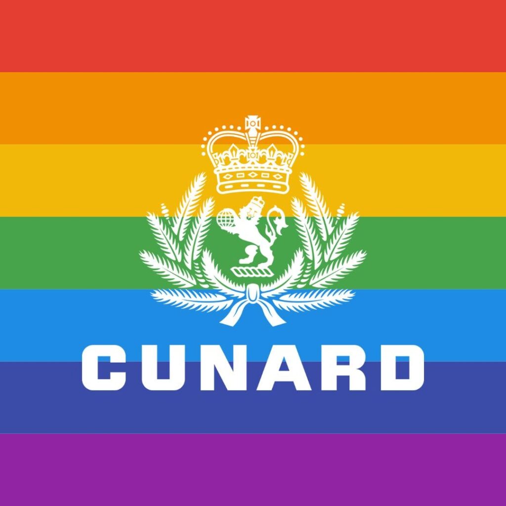 Text reading "Cunard" against a rainbow background along with a crown and lion logo.