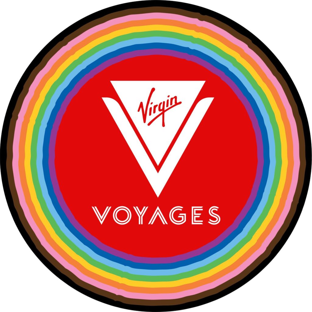 Text reading "Virgin Voyages" surrounded by a rainbow border.