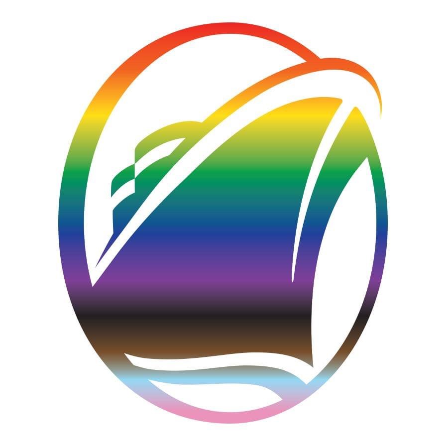 A stylized rainbow logo of a ship.