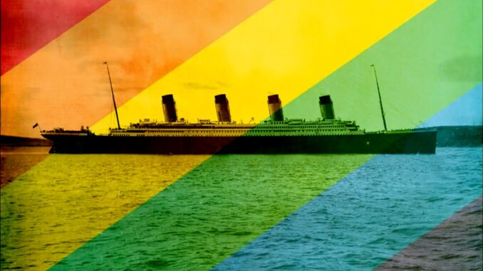 An image of a four funnel ocean liner superimposed against a rainbow