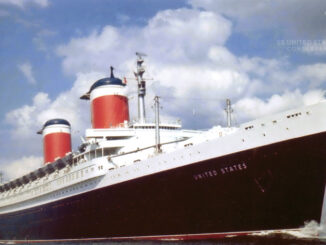 A black-hulled ship with two red, white, and blue funnels.