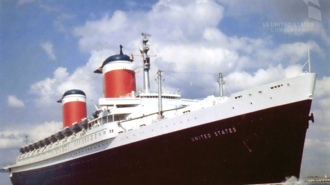 A black-hulled ship with two red, white, and blue funnels.
