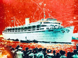 A stylized picture of an ocean liner sailing with people watch it from ashore.