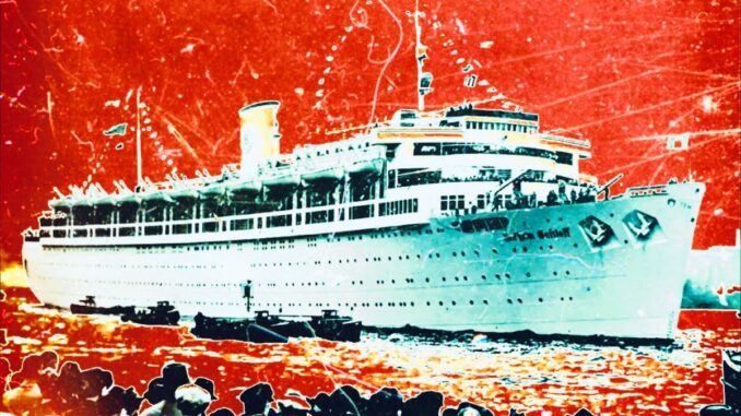 A stylized picture of an ocean liner sailing with people watch it from ashore.