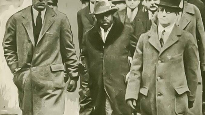 A black and white image of men in hats and trench coats walking together.