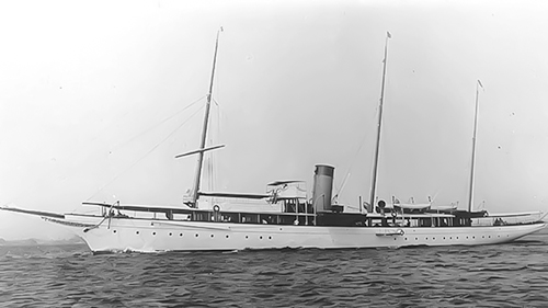 A black and white image of a steam yacht.