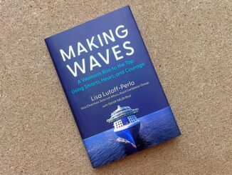 A picture of a book cover with a ship on it. There's text reading "Making Waves: A Woman's Rise to the Top Using Smarts, Heart, and Courage."