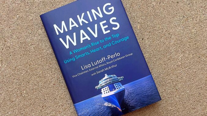 A picture of a book cover with a ship on it. There's text reading "Making Waves: A Woman's Rise to the Top Using Smarts, Heart, and Courage."