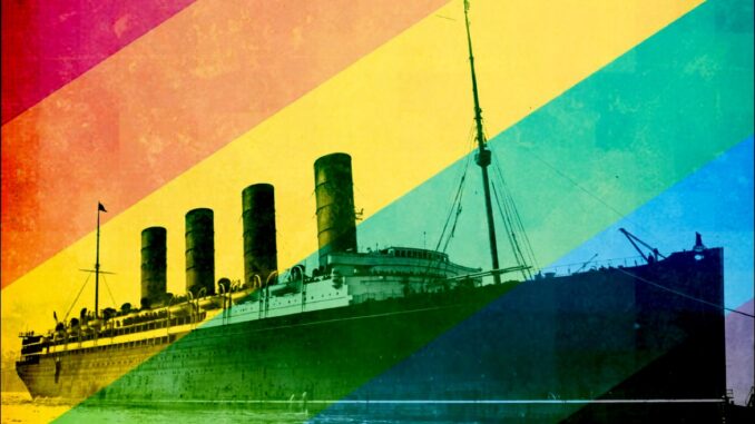 An image of a four funnel ocean liner superimposed against a rainbow