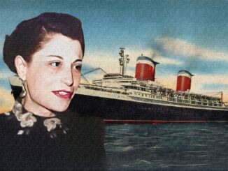 A stylized image of a woman looking at an ocean liner with two red, white, and blue funnels.