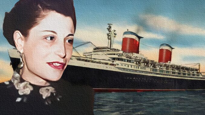 A stylized image of a woman looking at an ocean liner with two red, white, and blue funnels.