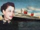 A stylized image of a woman looking at an ocean liner with two red, white, and blue funnels.