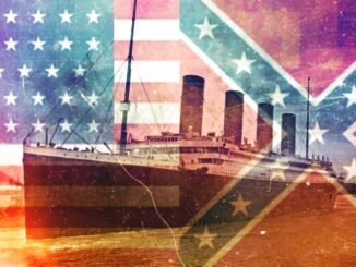 A stylized image of an ocean liner superimposed against Union and Confederate flags.