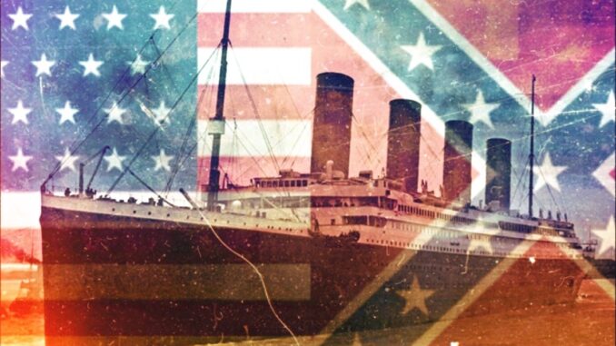 A stylized image of an ocean liner superimposed against Union and Confederate flags.