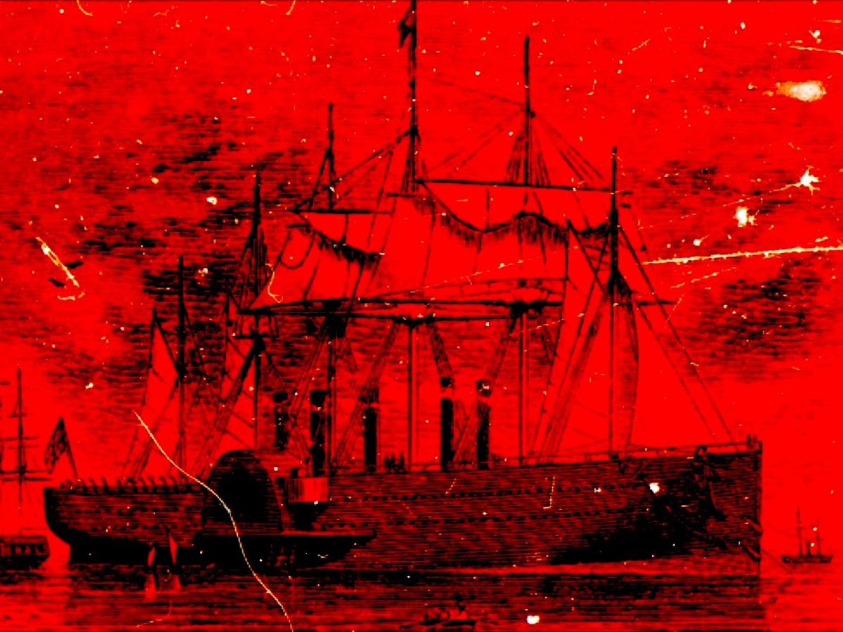 A stylized image of a ship with five funnels and sails.