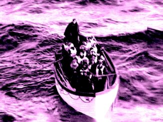 A picture of a small lifeboat filled with people on the open sea.