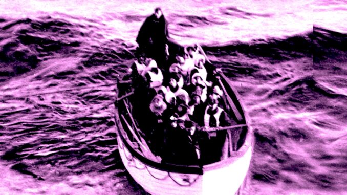 A picture of a small lifeboat filled with people on the open sea.