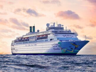 A picture of a cruise ship with the name "Margaritaville at Sea Paradise."