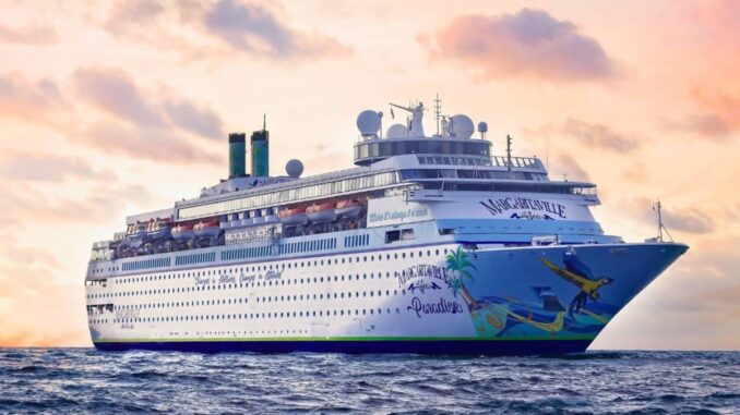 A picture of a cruise ship with the name "Margaritaville at Sea Paradise."