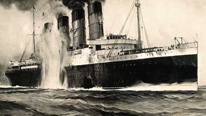 An illustration of a ship with four funnels being torpedoed.