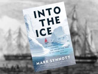 A book cover that shows a sailing ship with red sails around ice, and text reading "Into the Ice."