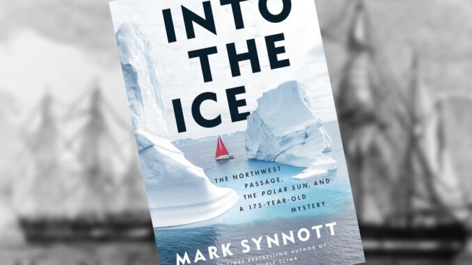 A book cover that shows a sailing ship with red sails around ice, and text reading "Into the Ice."