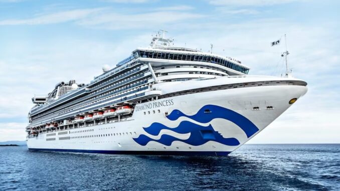 A picture of a white-hulled cruise ship with blue artwork. The name "Diamond Princess" is seen on the side.