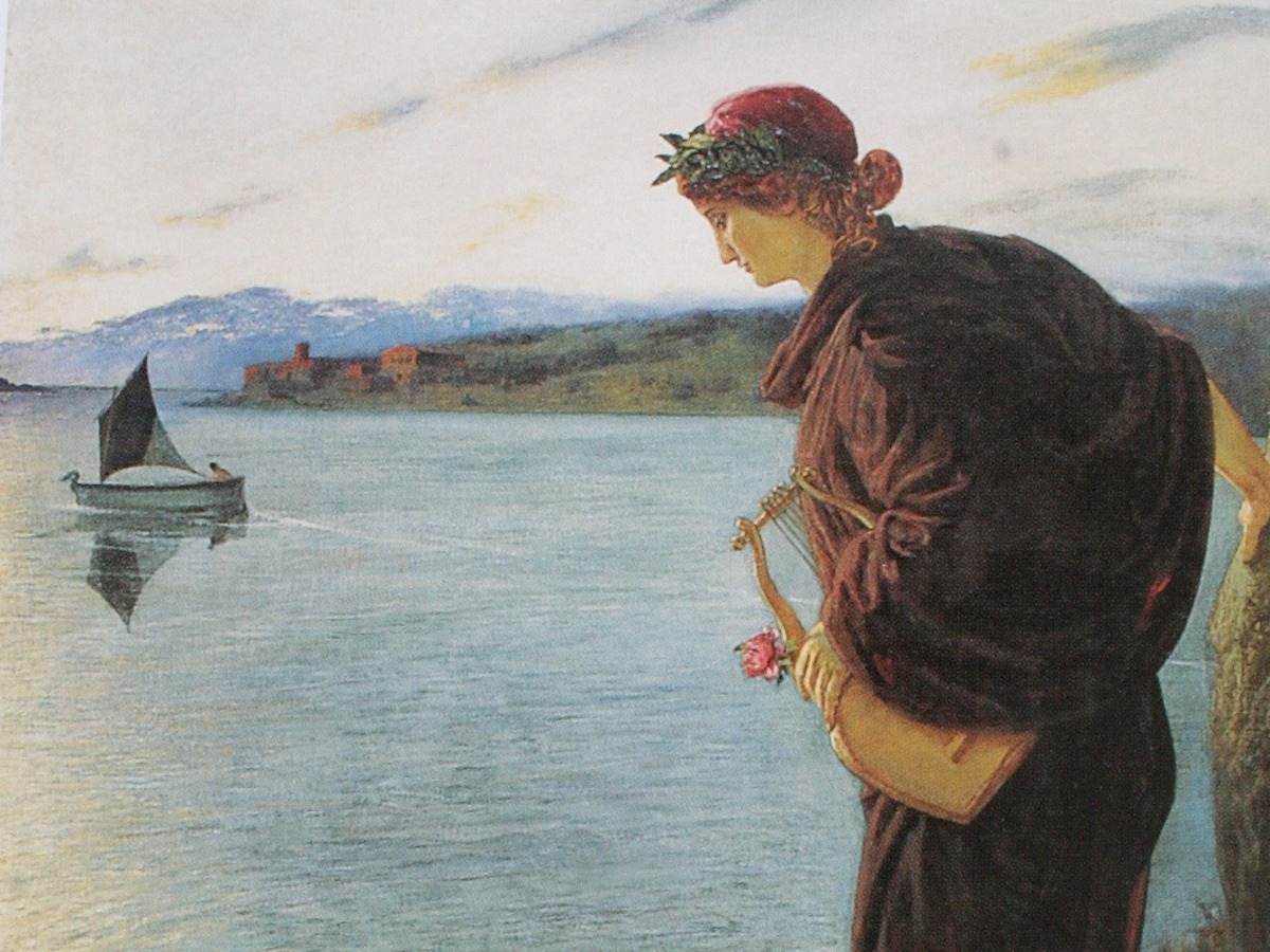 A painting of a woman holding a lyre looking out to sea as a sailboat sails in the distance.
