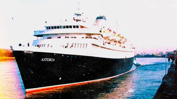 A stylized image of a cruise ship with a black hull and single white funnel.