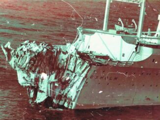 A stylized image of an ocean liner with a crushed bow.