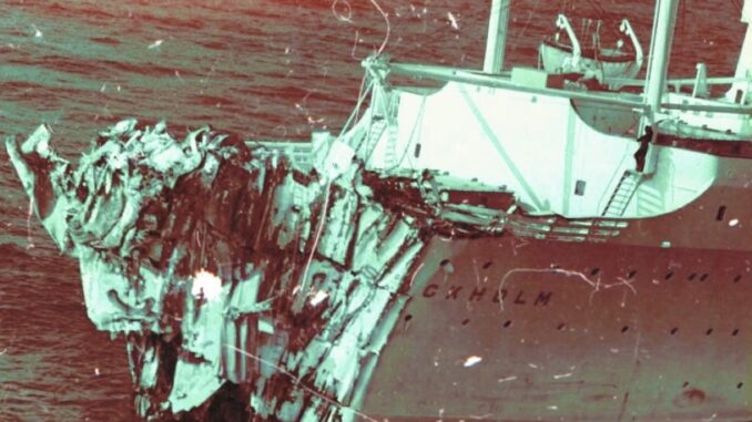 A stylized image of an ocean liner with a crushed bow.