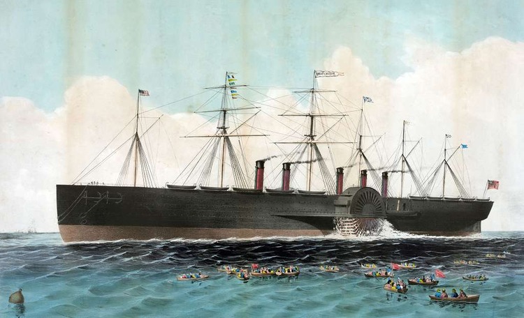 A colored illustration of a giant ship with five funnels at sea.
