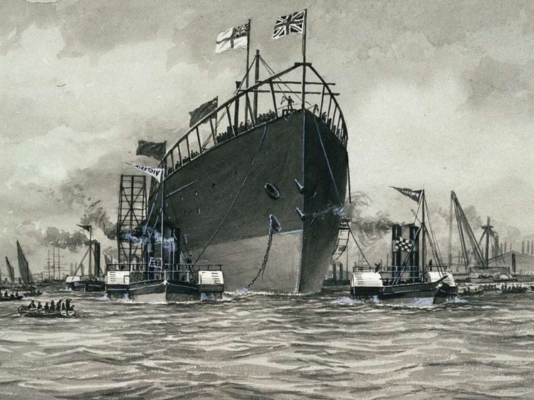 An illustration of a giant ship being launched.