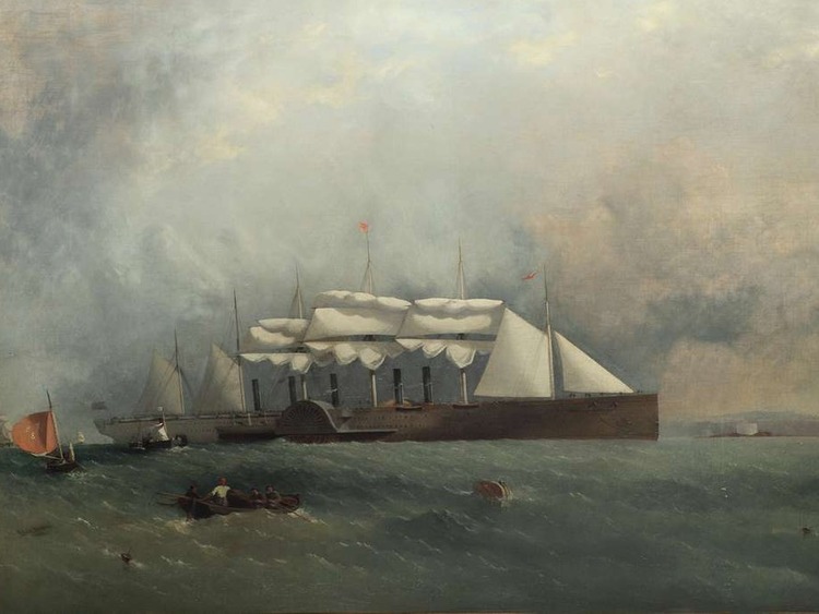 A painting of a giant ship with five funnels and billowing sails at sea.