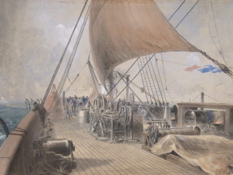 A colored illustration of machinery on the bow of a sailing ship.