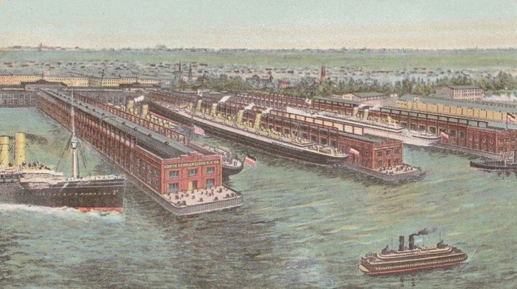 An illustration of ocean liners at a series of piers.